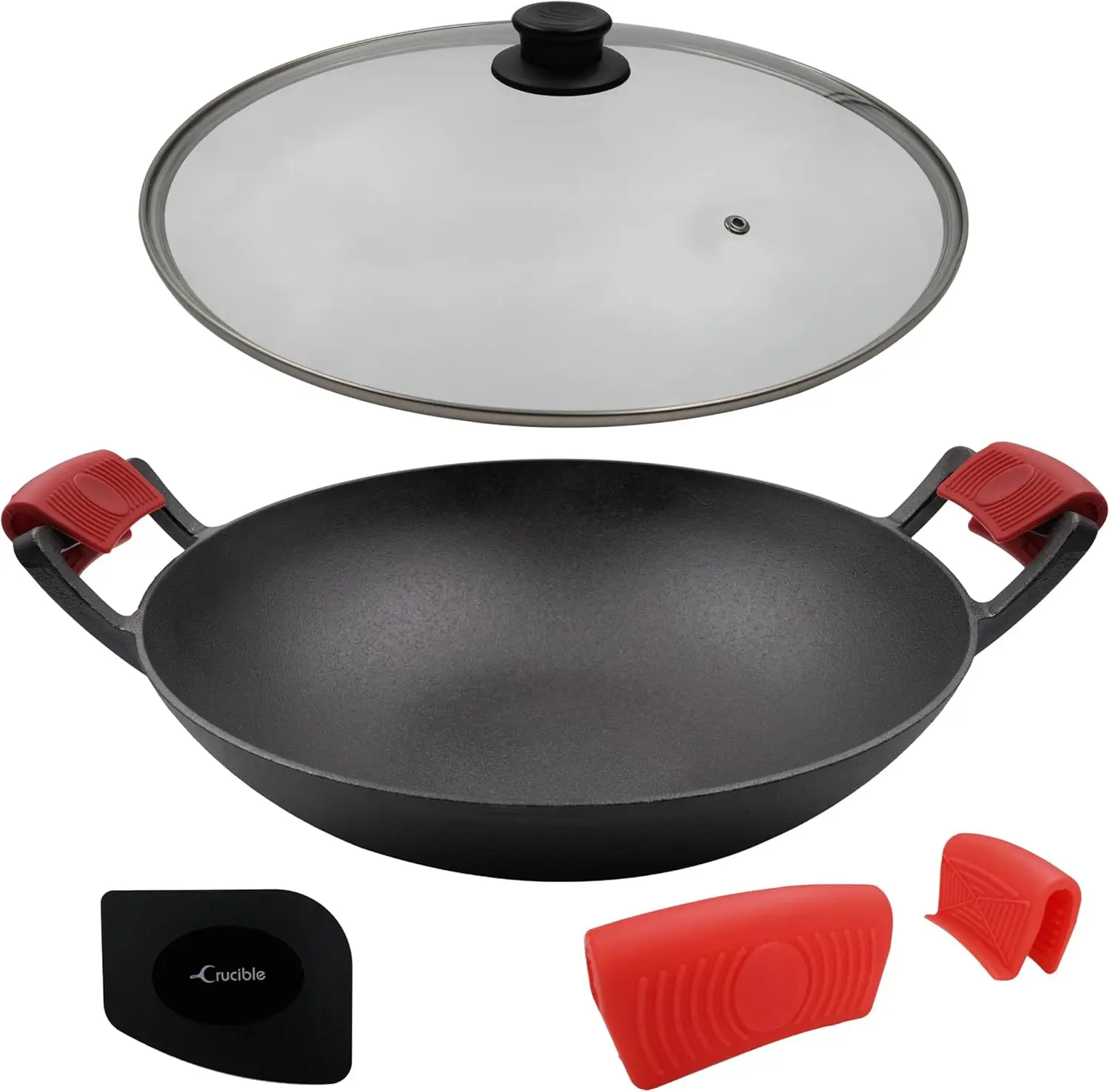 

14-Inch Pre-Seasoned Cast Iron Wok Set with Glass Lid and Silicone Handle Holders for Versatile Cooking