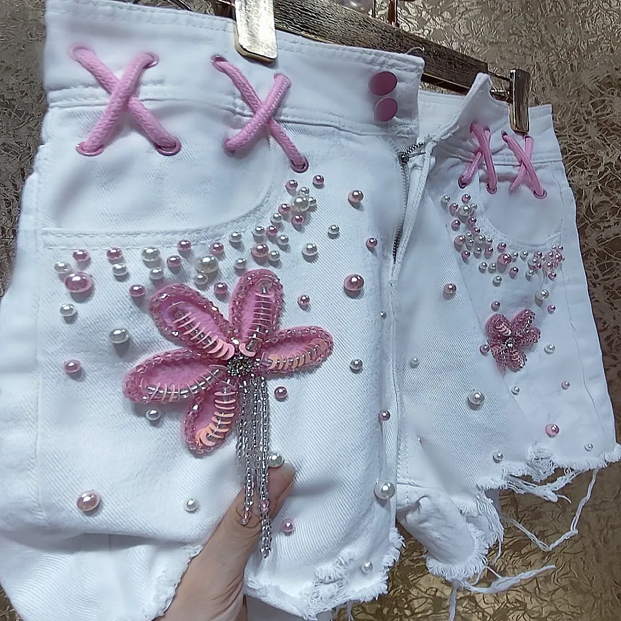 

Luxury Handmade Pearls Beaded Tassels Hot Pants Flowers Embroidery Denim Shorts Pink Spicy Girl Cowboy Shorts Lace Up Trousers
