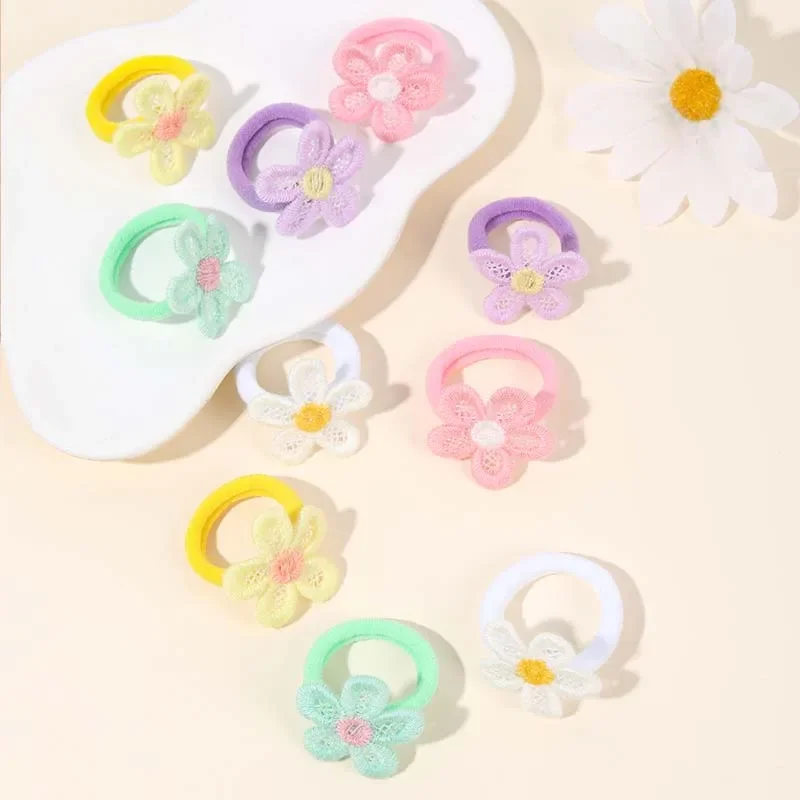 ncmama 10Pcs Colorful Daisy Hair Ties Floral Ealstic Hair Band for Girls Ponytail Hold Scrunchie Rubber Fashion Hair Accessories