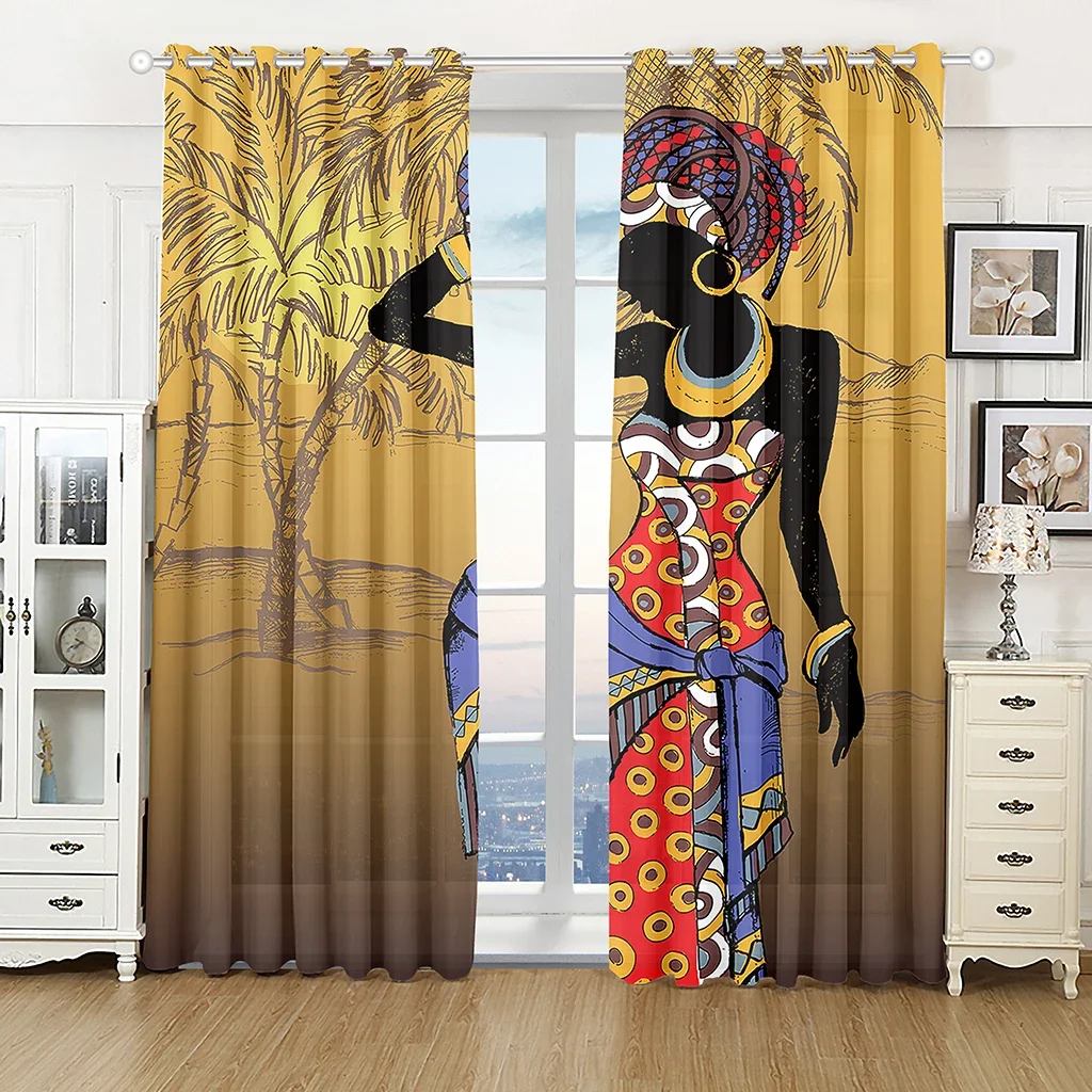 2 Pcs African Style Curtains Ethnic Pattern Print Living Room Bedroom Decorative Curtains Sun Shade Drapes Artistic Home Decor