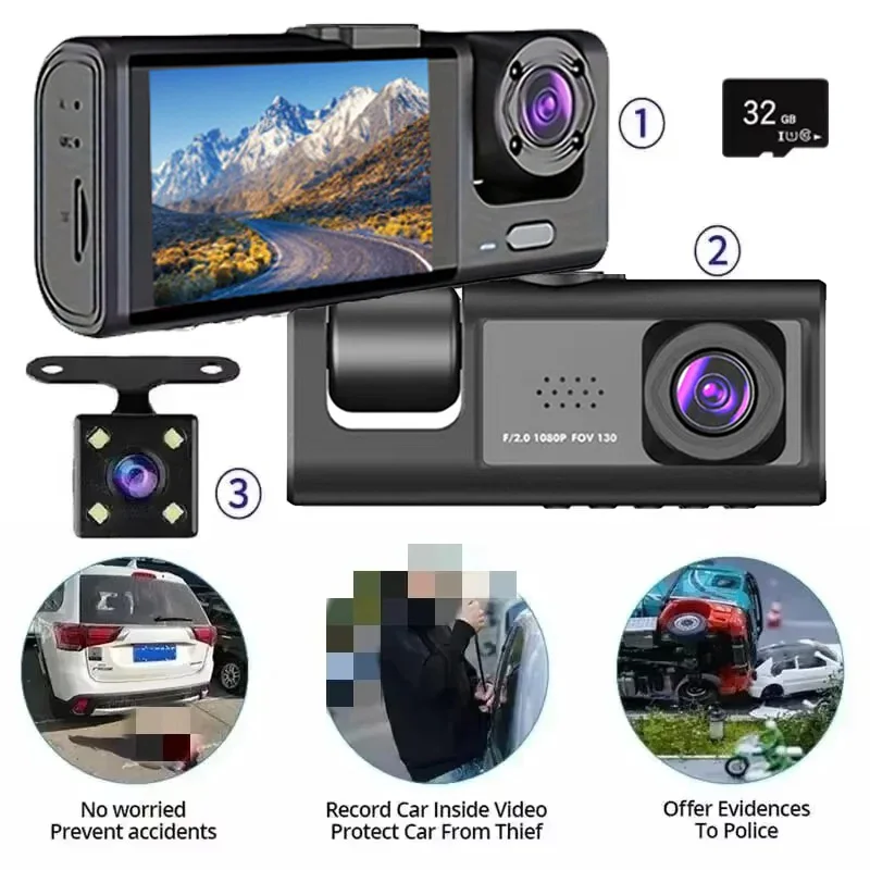 Dash Cam W/ IR Night Vision Loop Recording & 2″ IPS Screen 1080P 3 Camera ， DVR recorder, video recorder, Vehicle DVR