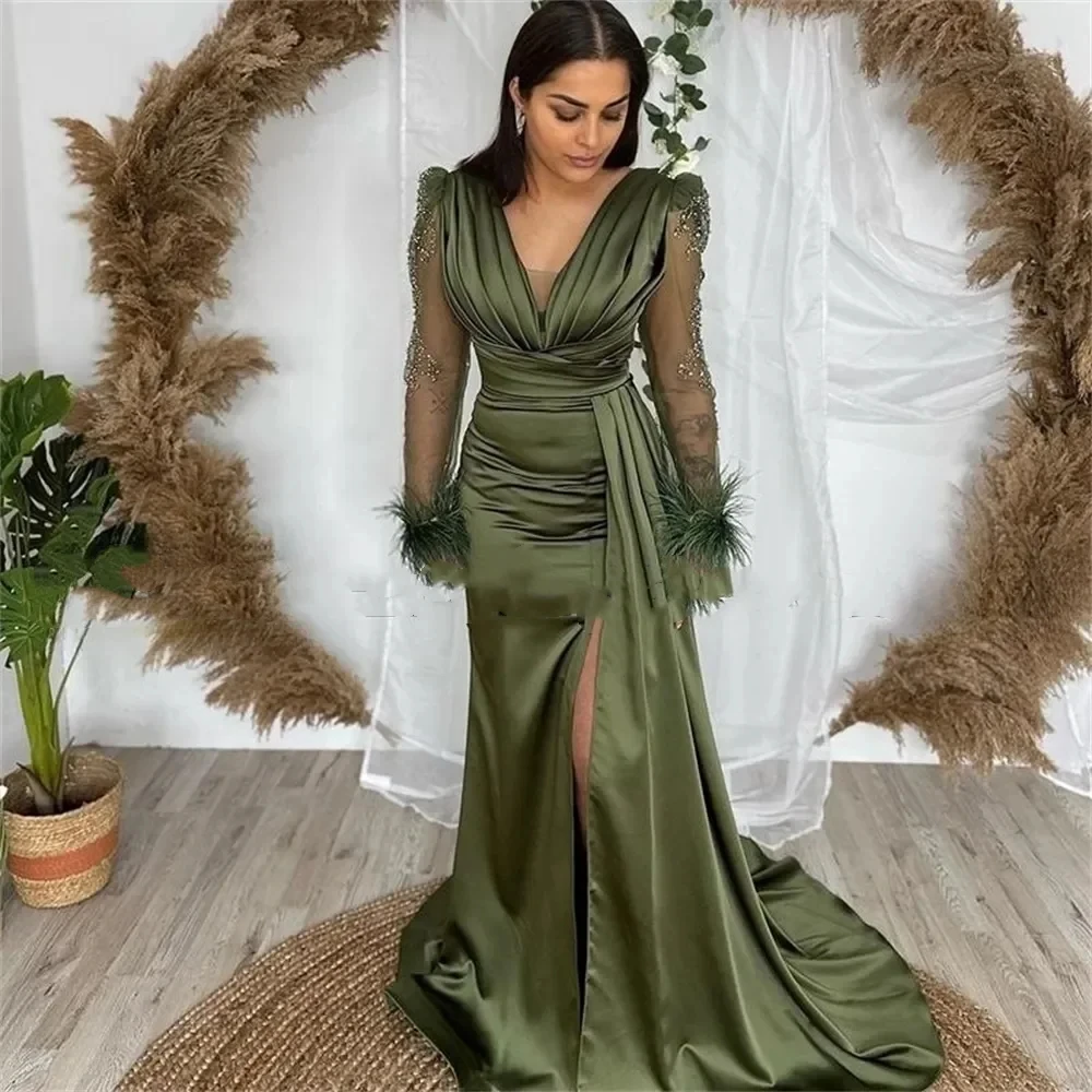 

Romantic Elegant Olive Satin V-neck Long Sleeve Mermaid Evening Dresses Party Prom Dress Feather Sleeves Vestidos De Noche