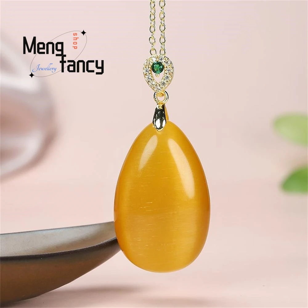 Natural Cat\'s Eye Stone Luck Water Drop Bead Pendant Hand-Carved Amulets Fashion Women Men Necklace 925 Silver Fine Jewelry Gift