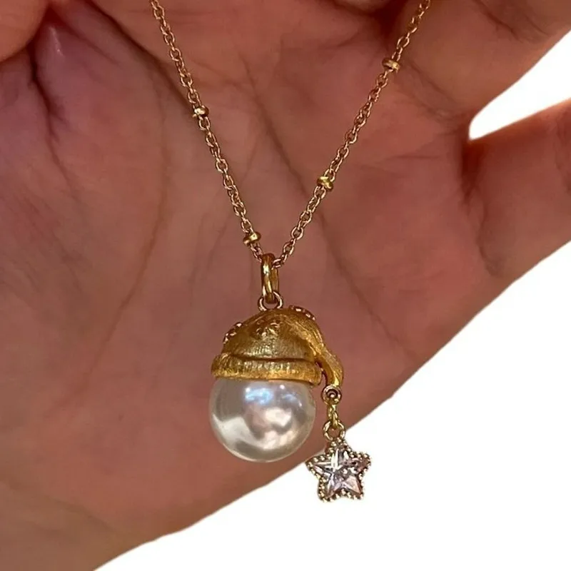 

Cute Santa Hat Star Shape Pearl Zircon Diamonds Pendant Necklace Woman Trendy Choker Chic Birthday Christmas Gifts French Style