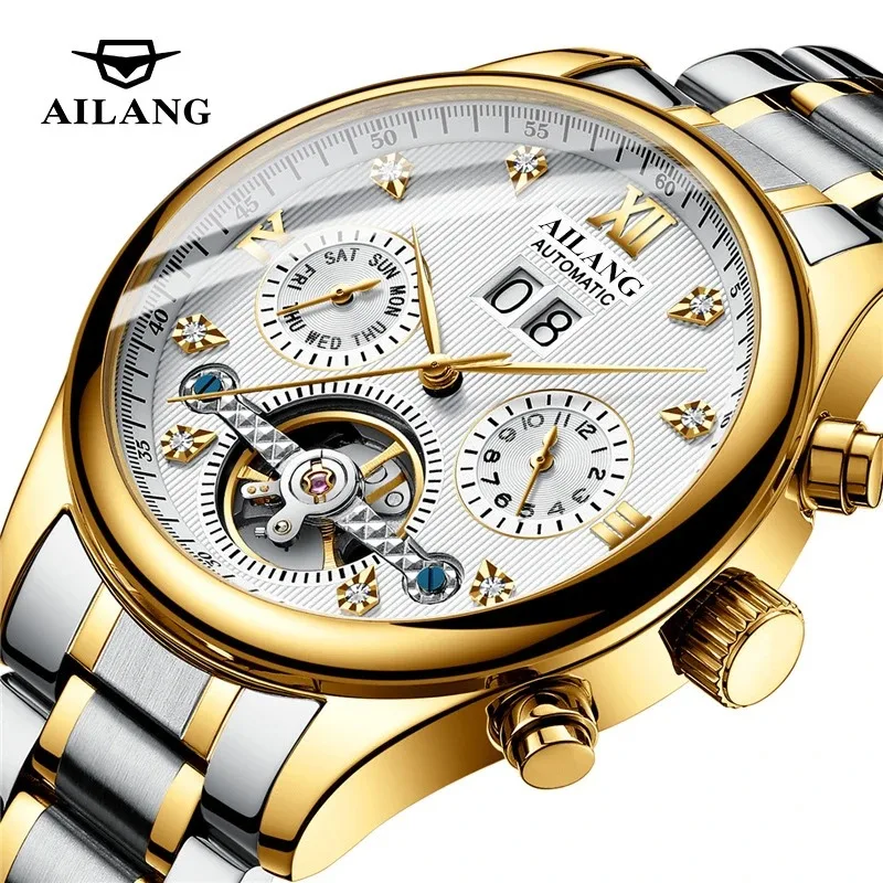 

AILANG Top Brand Men's Watches Stainless Steel Classic Skeleton Tourbillon Mechanical Watch for Man 30M Waterproof Wristwatch