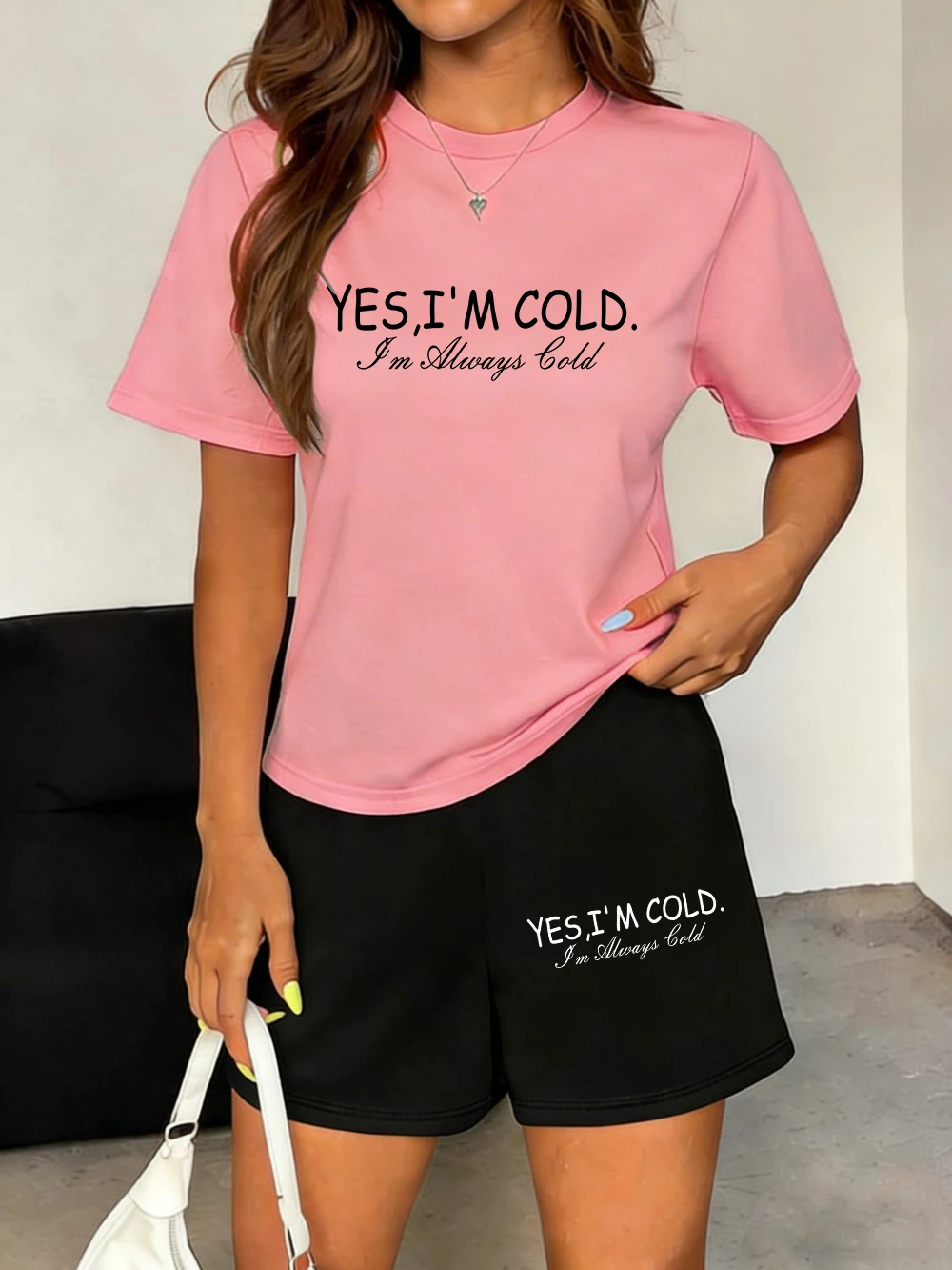 

Yes I'M Cold Letter Printed T-Shirts Pants Womens Summer Two Pieces Set Tops Shorts Basic Oversized Pocket High Waisted Clothes