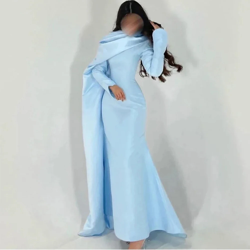 

Dream Sky Blue Mermaid Evening Dress High Neck Long Sleeves Saudi Arabia Ankle Length Wedding Party Guest Gowns Customized