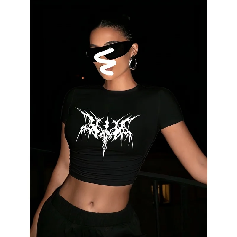 Women's Slim-Fit Crop Short-Sleeve T-Shirt - Cartoon Fun Vintage  Niche Y2K Dark Cool Minimalist Line Gothic Style Pattern Print