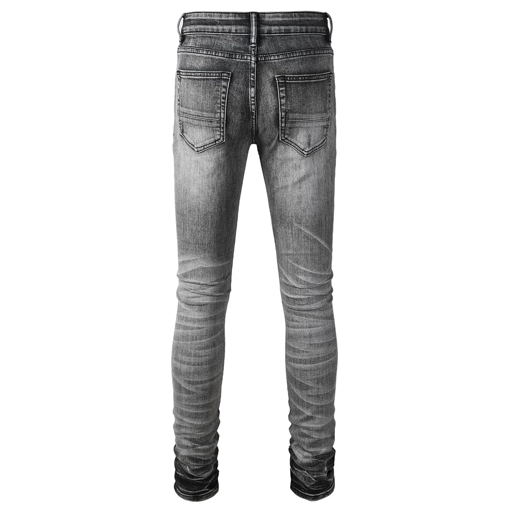Men's Streetwear Skinny Jeans Pleated Flannel Patch Stretch Denim Pants Distressed Patchwork Tapered Trousers Gray Black view 2