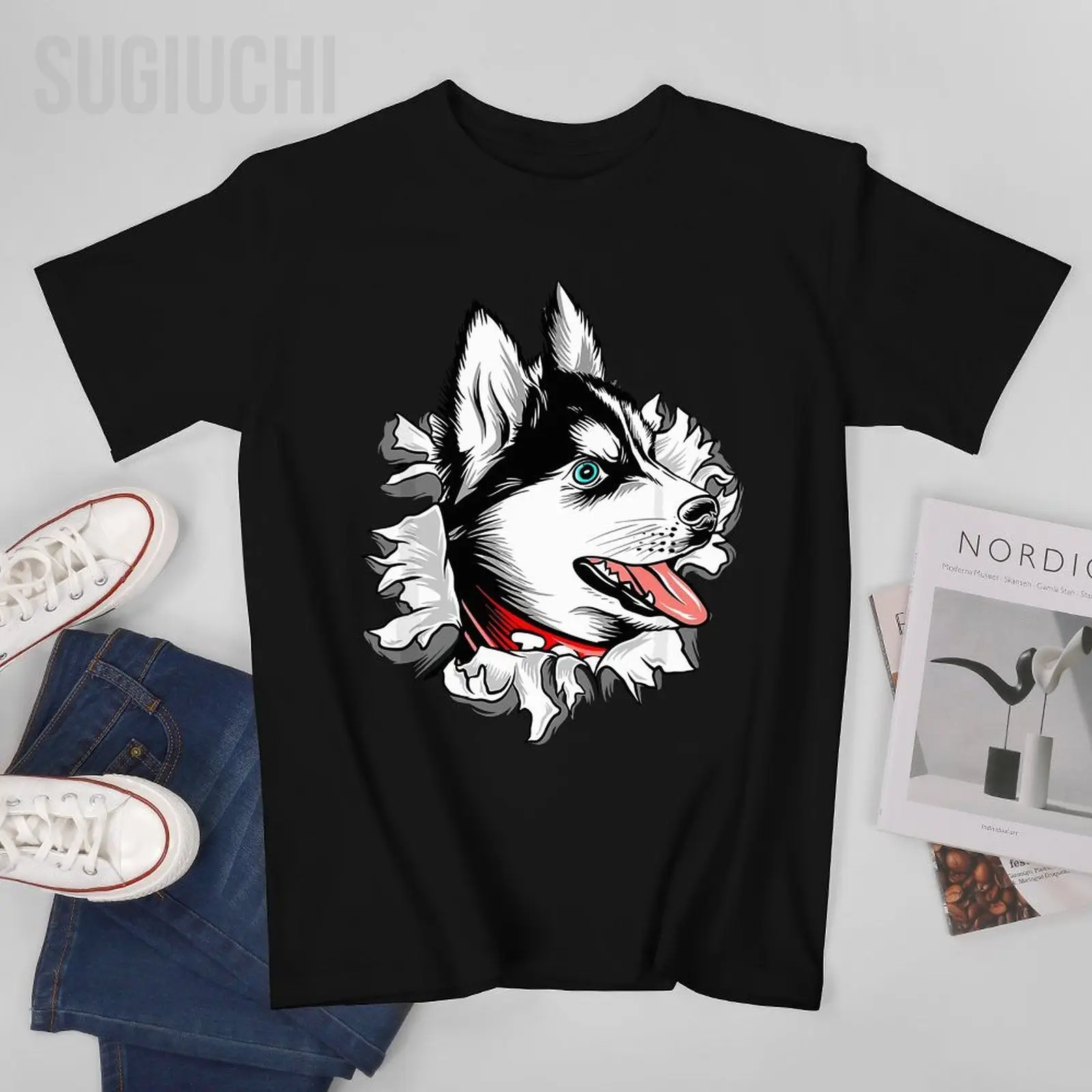 Unisex Men Husky Torn Cloth Dog Tearing Through Funny Siberian Husky Tshirt Tees T Shirts Women Boys 100% Cotton T-Shirt