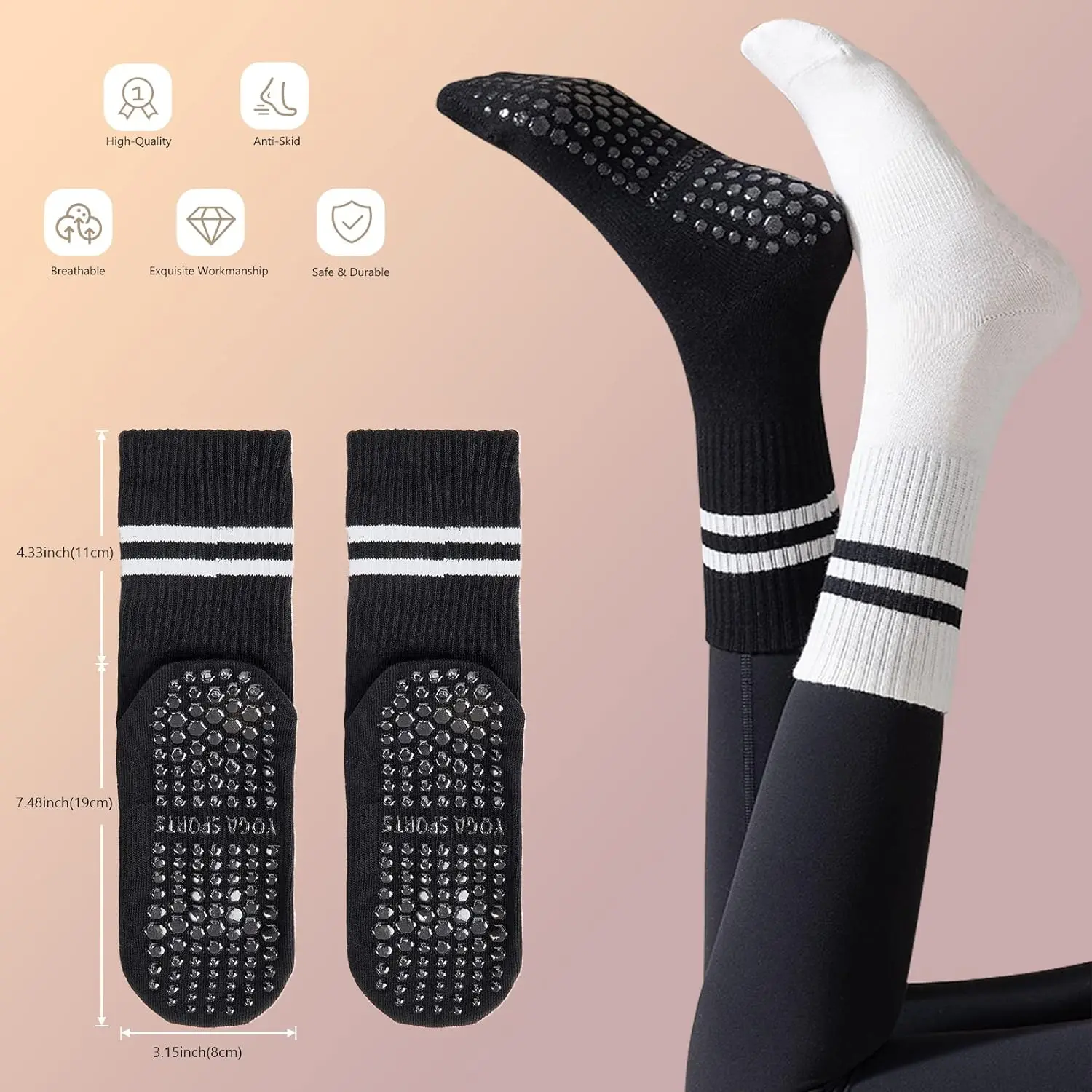 3 Pairs Women Non-slip Yoga Socks Mid-tube Breathable Pilates Sports Sock Ladies Cotton Fitness Dance Ballet Indoor Floor Socks