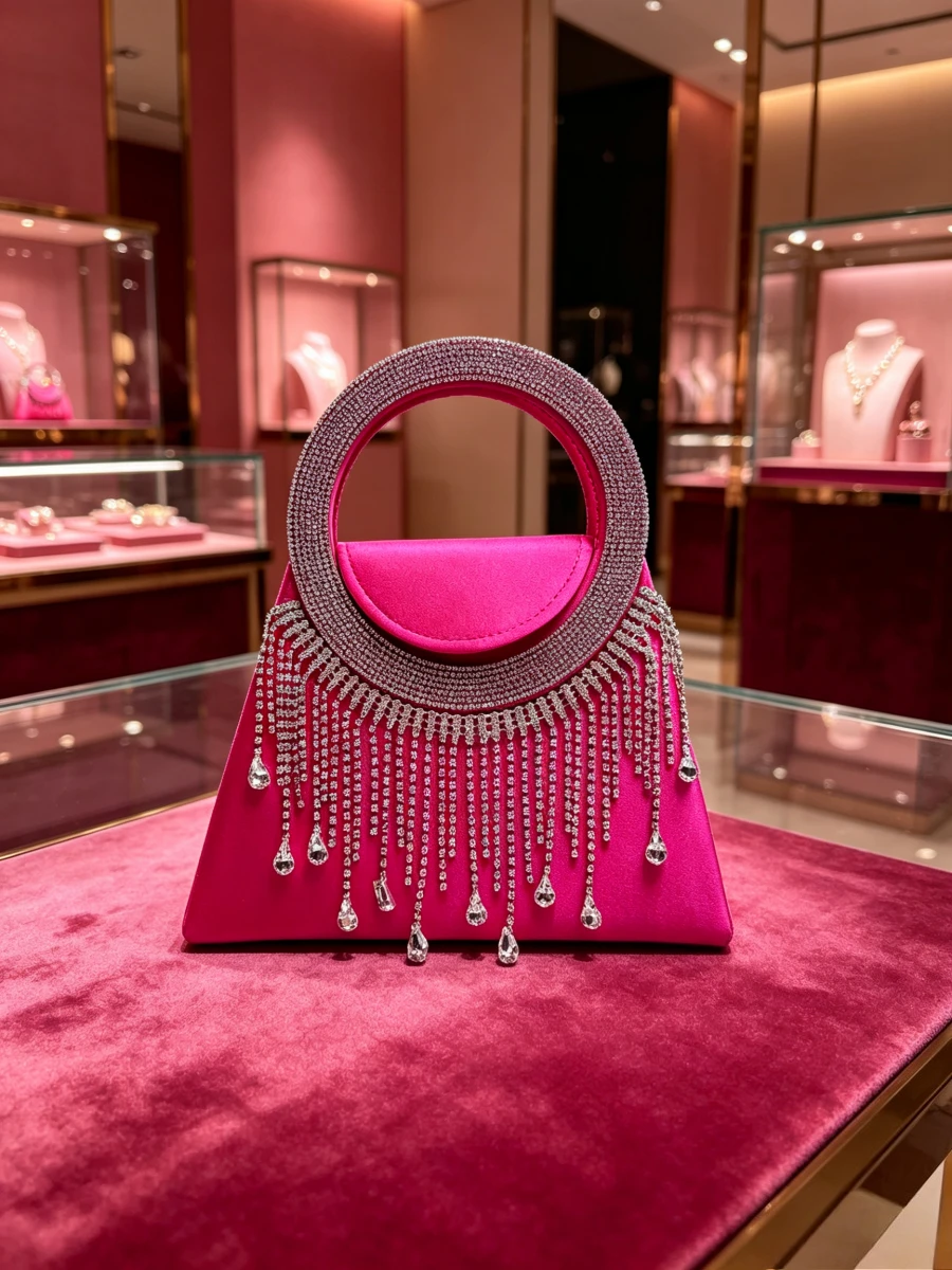 Bolso de mano de lujo para mujer madura, tipo clutch trapezoidal, de satén fucsia, con borlas largas de gota de agua y anillo de diamantes de imitación, ideal para la noche.