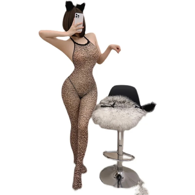 섹시한 레오파드 프린트 스타킹 원피스 나이트클럽 프라이빗 룸 찢어질 수 있는 원피스 하이웨이스트 롱 팬츠 출퇴근용 폴리에스터 원단