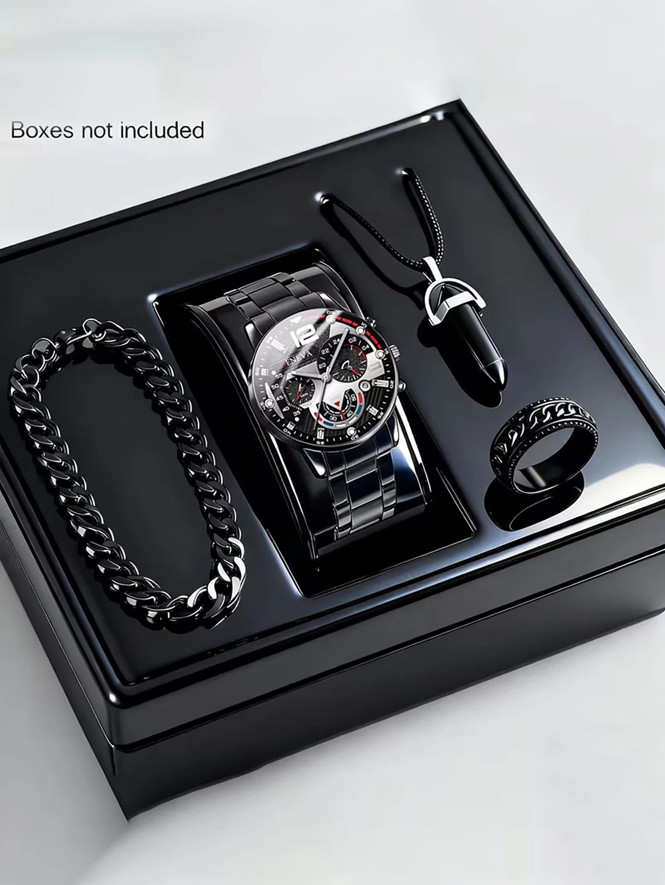 طقم ساعات كوارتز عصرية للرجال مع سوار وقلادة وخاتم ووظيفة التقويم هدية عيد ميلاد لا تشمل الصندوق