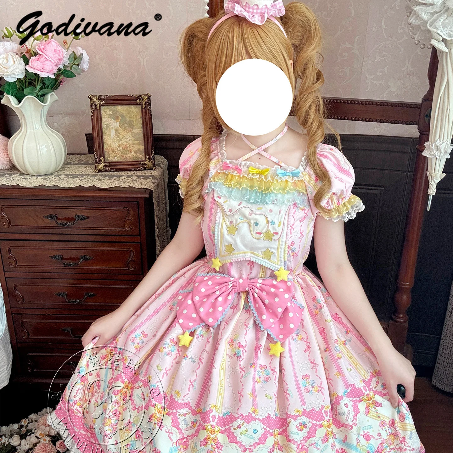 

Original Design Lolita Soft Girl Women's Lolita Long Dress Short Sleeve Cute Bow Printed Sweet Knee-length Dresses