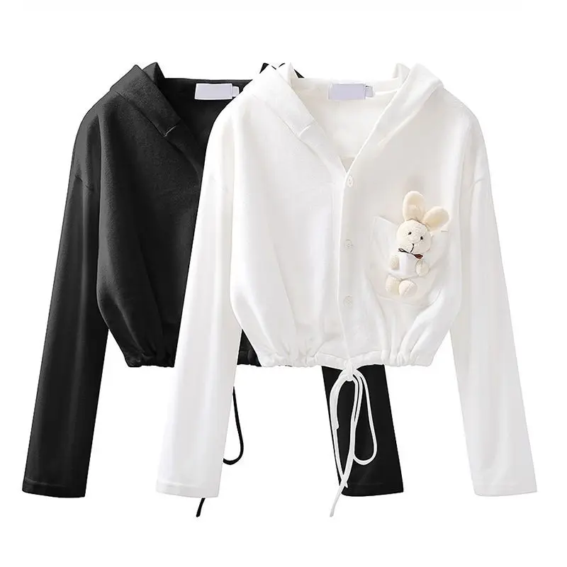 긴 소매 후드 드로우 스트링 한국 짧은 티셔츠 탑 봄 가을 솔리드 루즈 캐주얼 카디건 패션 트렌드 여성 의류