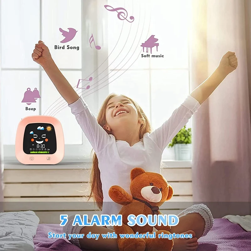 1 Set Alarm Clock For Kids With 4 Color Toddler Night Light, Sleep Sound Machine Pink