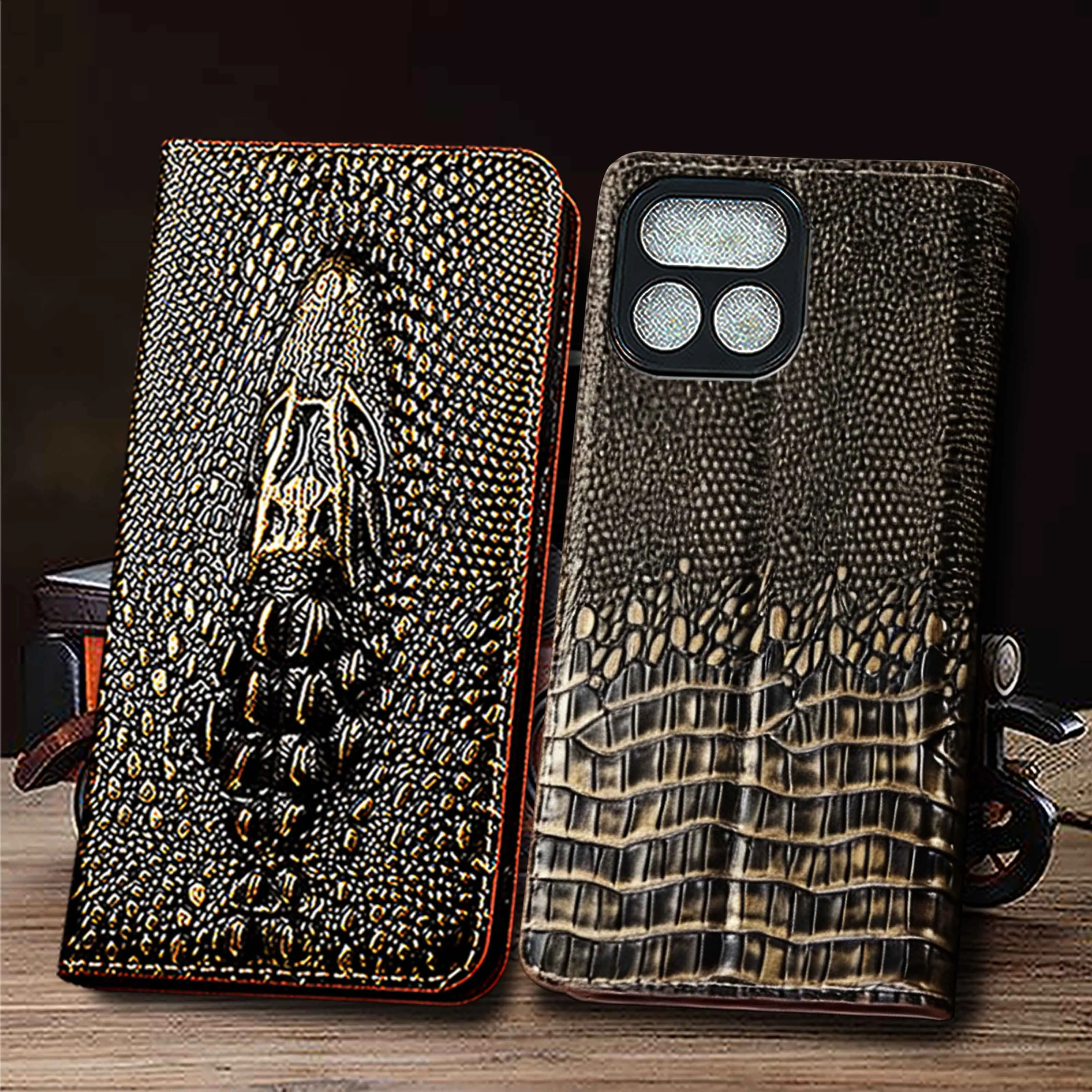 

For Realme 11 12 13 14 14T 15 16 Pro Plus 4G 5G Vintage Crocodile Head Pattern Of Genuine Leather Flip Phone Case Cowhide NoSlip