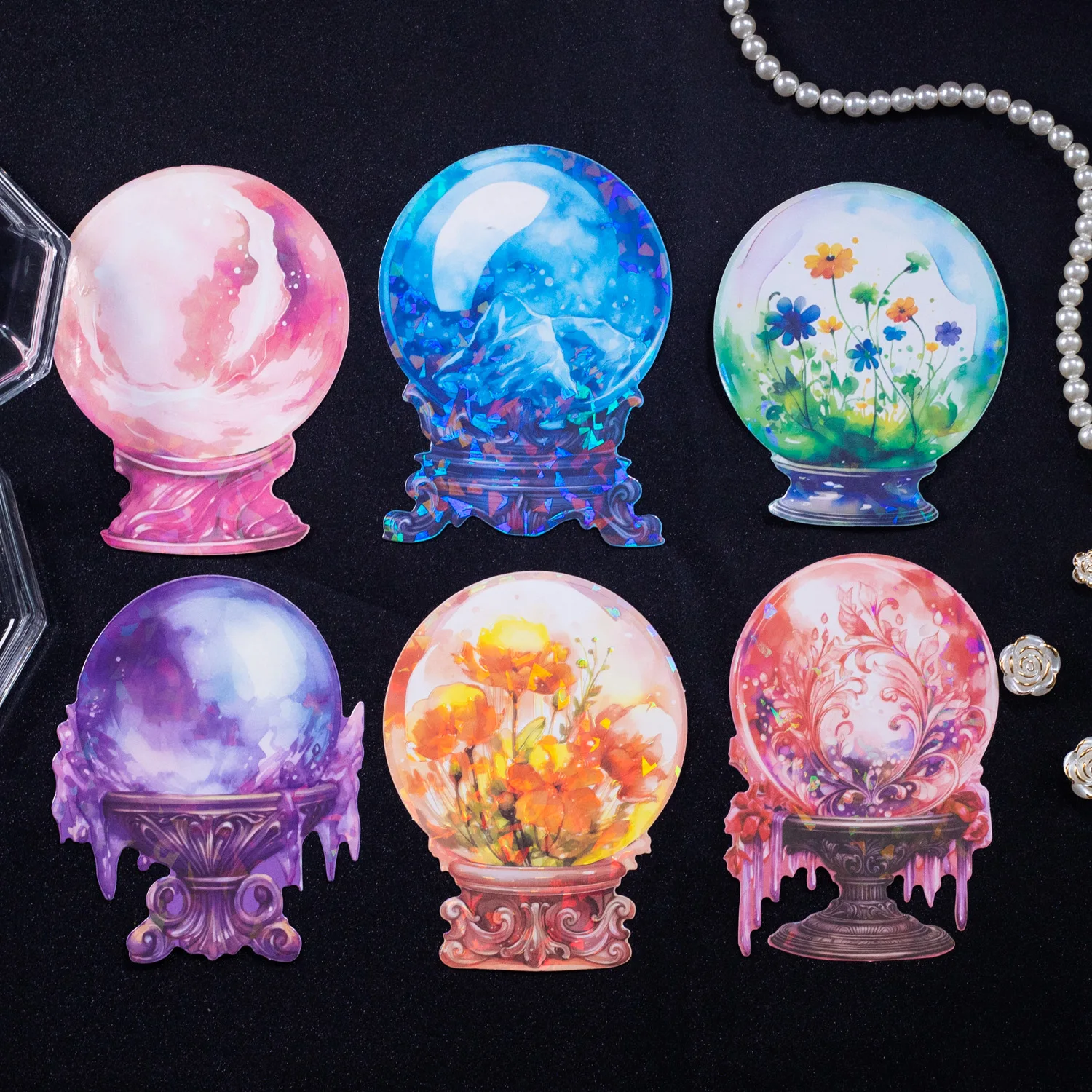 5 Sheets Dream Crystal Ball Series Vintage Flower Shell Light PET Sticker Creative DIY Journal Collage Decor Stationery