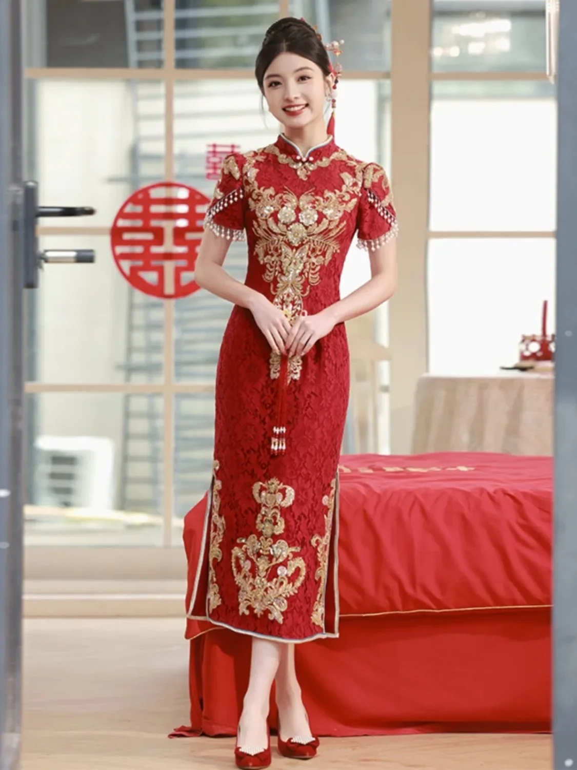 Cheongsam-ropa de tostada tradicional para mujer, vestidos de compromiso chinos de boda, falda pequeña de encaje para puerta trasera