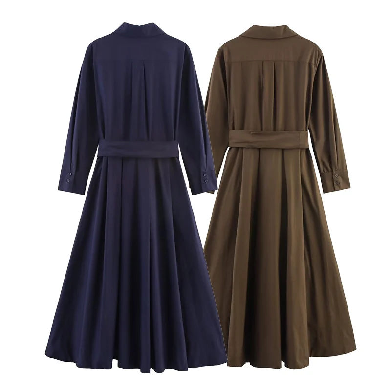 فستان قميص نسائي أنيق بنمط الخصر وأكمام طويلة وياقة حزام، فستان عملي مناسب للعمل والارتداء غير الرسمي