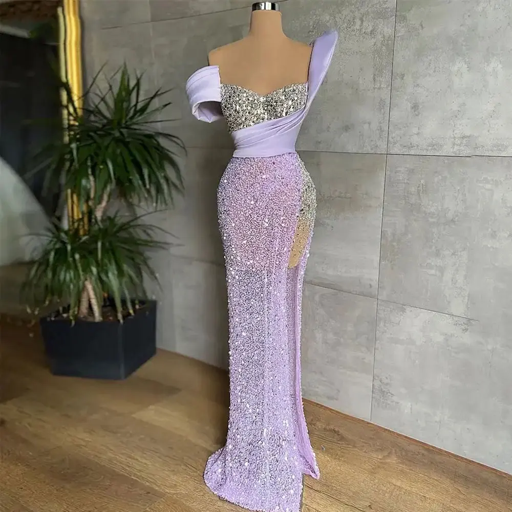 Violet Beaded Evening Dresses Mermaid Side Split Crystals Off Shoulder Party Gowns Custom Made Second Reception Full Dress Gala