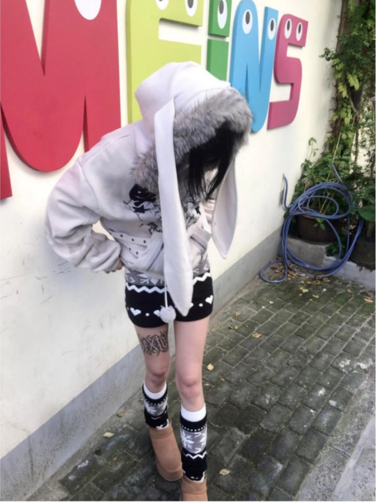 Y2k Vintage Sottocultura Manica lunga Giacca con cappuccio Donna Orecchie di coniglio Felpa Kawaii Americano Retro Colletto finto 2025 Autunno