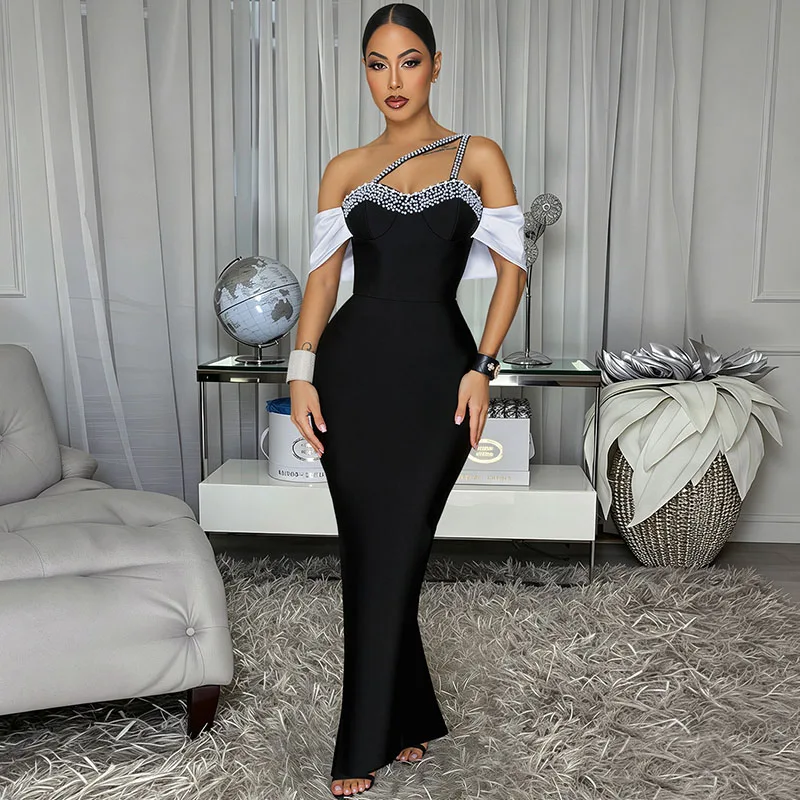 Doyerl Elegantes, schulterfreies Kleid für besondere Anlässe mit Perlenstickerei, schmaler Schnitt, Schlitz, Party-, Club-, Nacht- und Ballkleid.