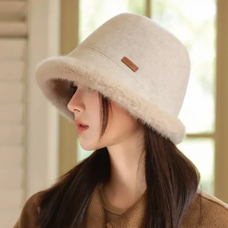 

Thickened Fleece Autumn Winter Bucket Hat Women's Style British Warm Fishing Cap Versatile Face Slimming Korean Version Basin Ha