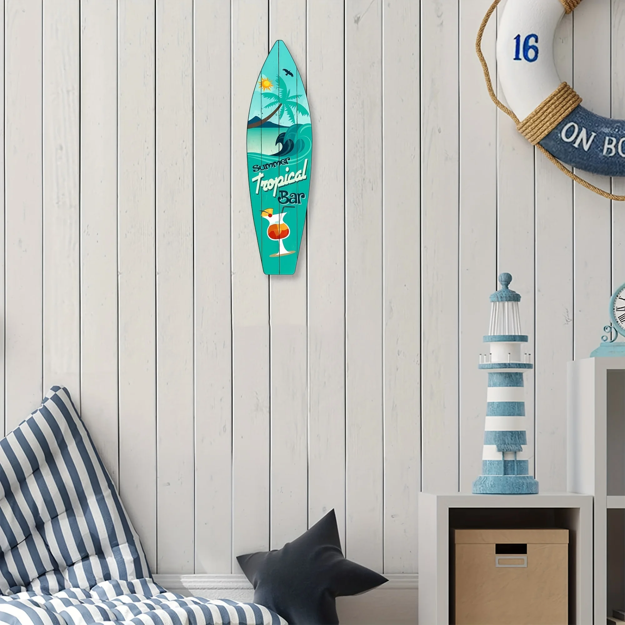 Surfboard Wooden Sign Wall Art Decor Drinks Beach Cold Beer Tiki Bar Margarita&Martinis Sign for Home Garden Kitchen Bar Cafe view 4