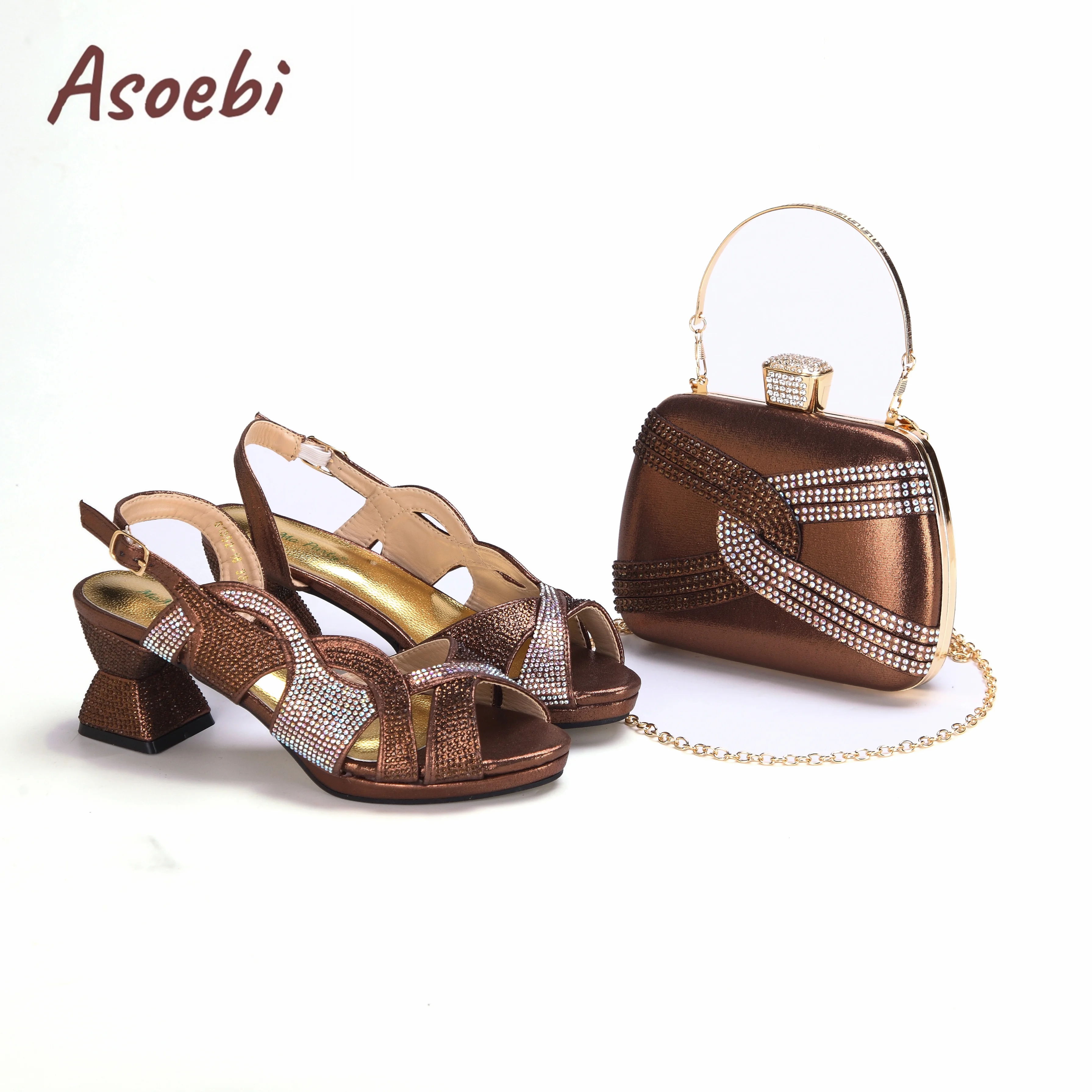 

Hot Selling Coffee Color Ladies Peep Toe with Crystal Design Sandal with Bag Set For Women Wedding Party Pump