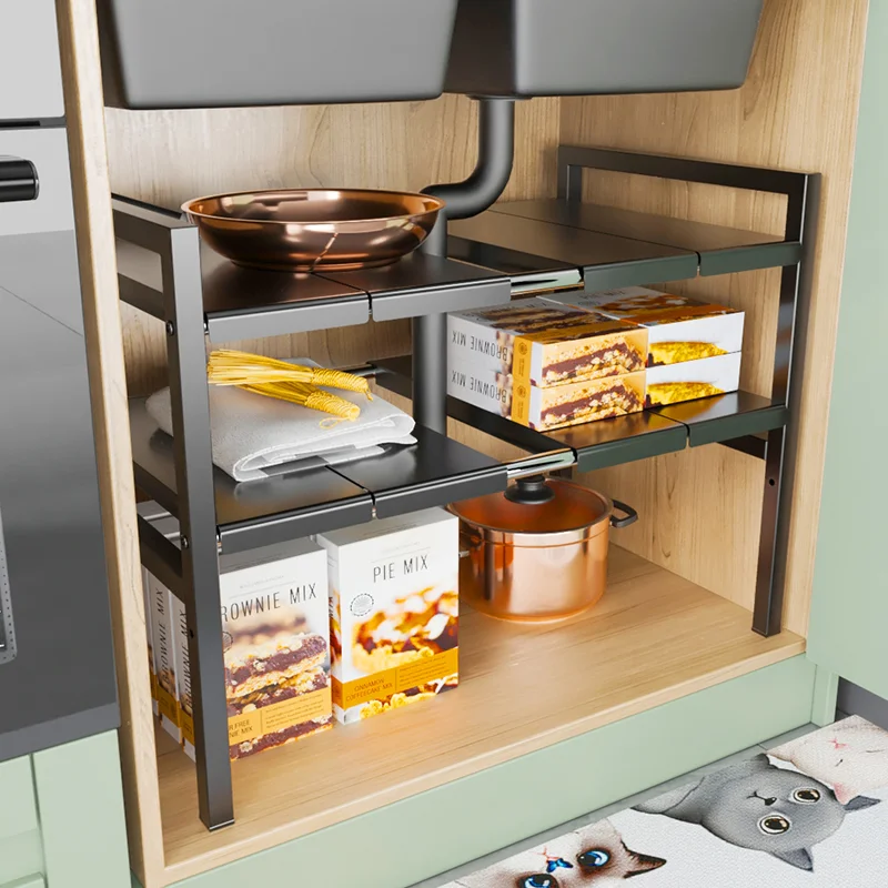 

Kitchen Sink Shelving Retractable Cabinet Inner Layered Frame Partition Frame Pot Storage Shelf