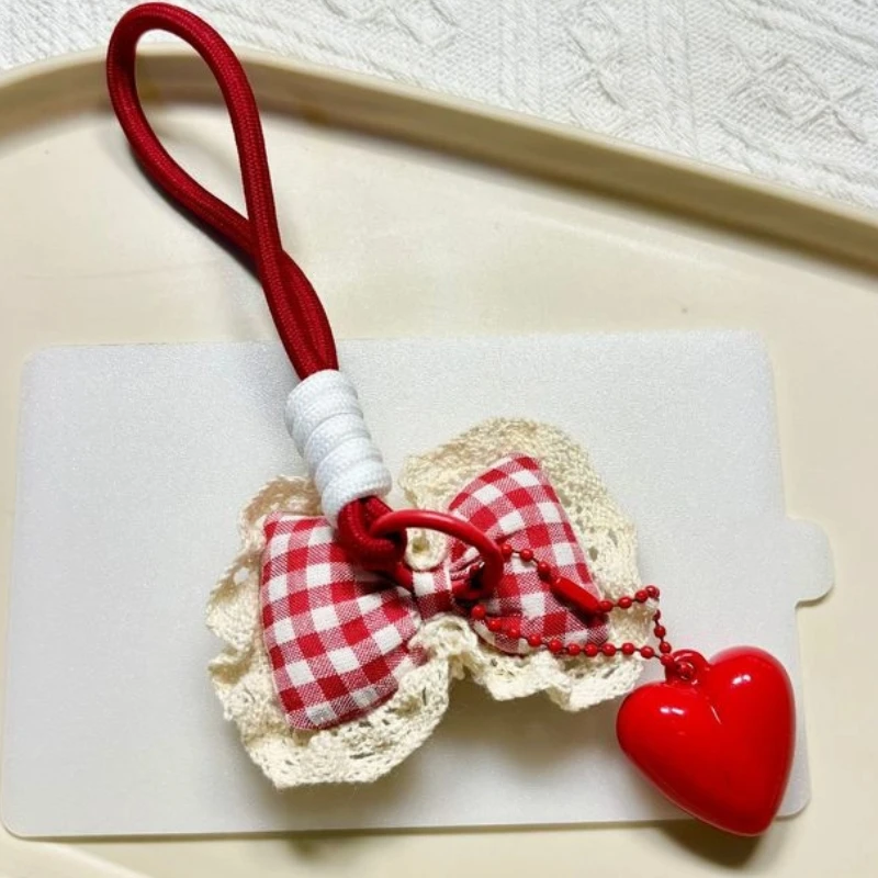 새로운 달콤한 활 플러시 장난감 키 체인 소녀 배낭 귀여운 펜던트 하트 모양의 그리드 Pp 코튼 자동차 교수형 장식 크리스마스 선물