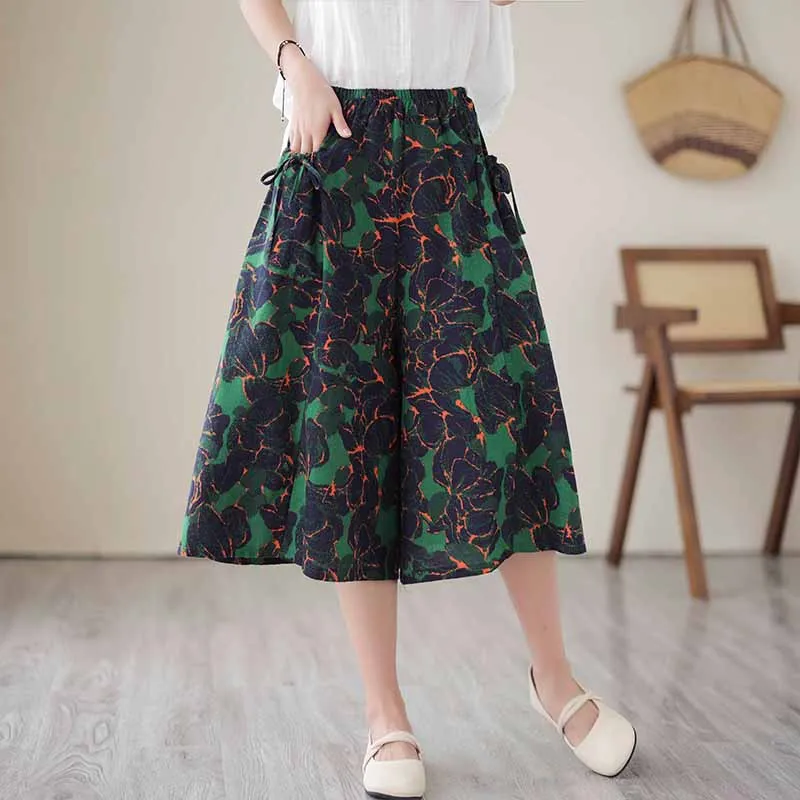 

2024 New Arrival Summer Women All-matched Casual Loose Vintage Print A-line Elastic Waist Cotton Linen Mid-calf Skirt V934