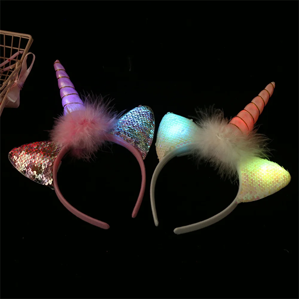 1pc LuminousUnicorn Headband Kids Girl Birthday Cartoon LED Hair Accessories Rainbow Unicorn Theme Party Decoration Supplies