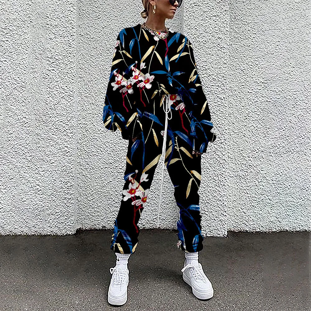 Floral Print Autumn Women Blouse + Pants Long Sleeve Loose Blouse Pants Casual Tracksuit Outfit 4XL Warm Clothes Lady