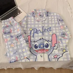 Stitch Cartoon Korean Version Cute Pajamas Set Women New Long Sleeved Fashion Sleepwear Y2k Sweet Girl Style Casual Home Clothes