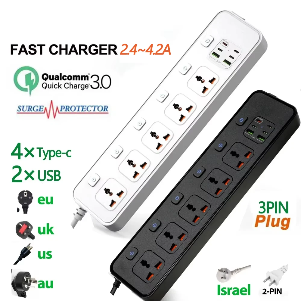 

Universal Power Strip Socket Uk Eu Kr Us Au Israel Japan Plug With Usb Type-c Pd Surge Protector Power Cord Extension Sockets
