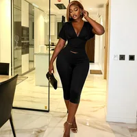 STYLISH LADY Y2K Solid Color Two Piece Set Batwing Sleeve Ruched Top Capri Pants 2026 Women Bodycon Vacation Party Outfits - Image 4