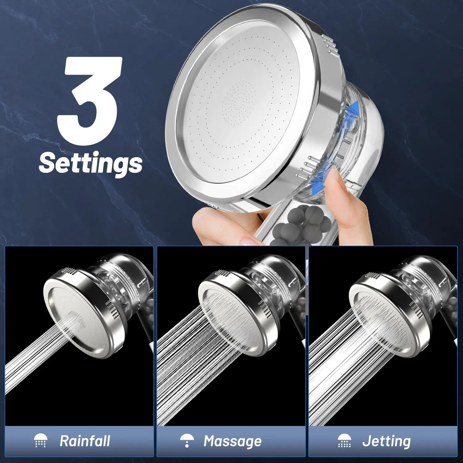 New Shower Bath Head Adjustable 3 Mode High Pressure Stone Stream Handheld Shower Head With Negative Ion Activated Ceramic Balls