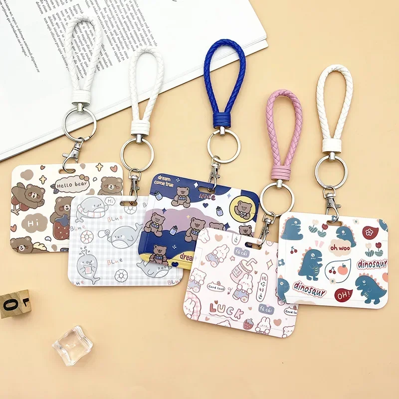 Horizontal Cute Cartoon Push Pull Card Covers Bus Card Sleeve Game Cards Case Credit Card Holder Lanyard Work Permit Holder