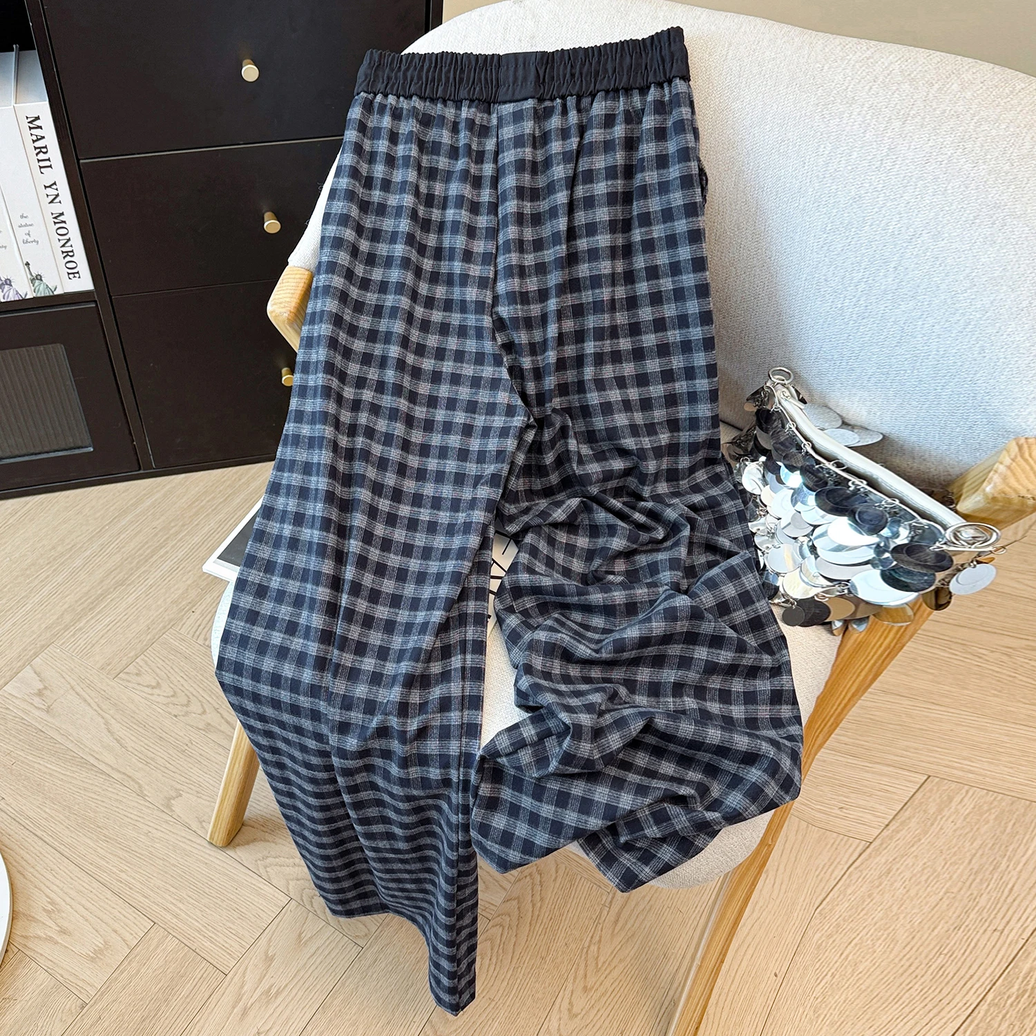 الكورية تصميم الإحساس منقوشة اللون Blo مرونة الخصر مستقيم الساق السراويل النسائية الرجعية عارضة فضفاض ثنى السراويل واسعة الساق