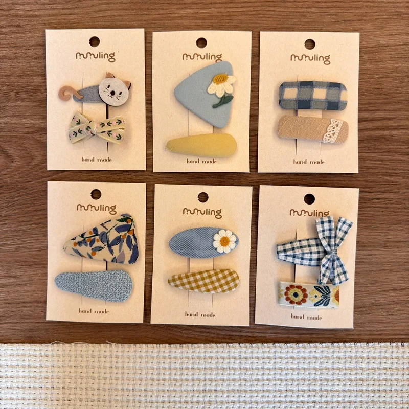 

Children's Hair Clip with Blue-and-White Checkered Floral Trim Girls' Fabric Embroidered Side Clip Baby Hair Accessory Headpiece