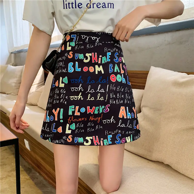 2023 New Women Fashion  High Waist A-line Skirt Student Skirt Sweet and Cute Cartoon Letter Graffiti Korean Kawaii Skirt