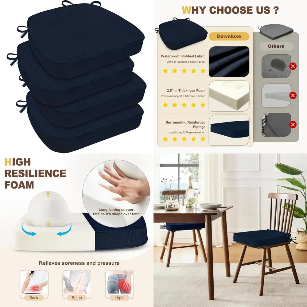 

Navy Blue Waterproof Dining Chair Cushions with Ties, 4-Pack, 17 x 16 x 2.5