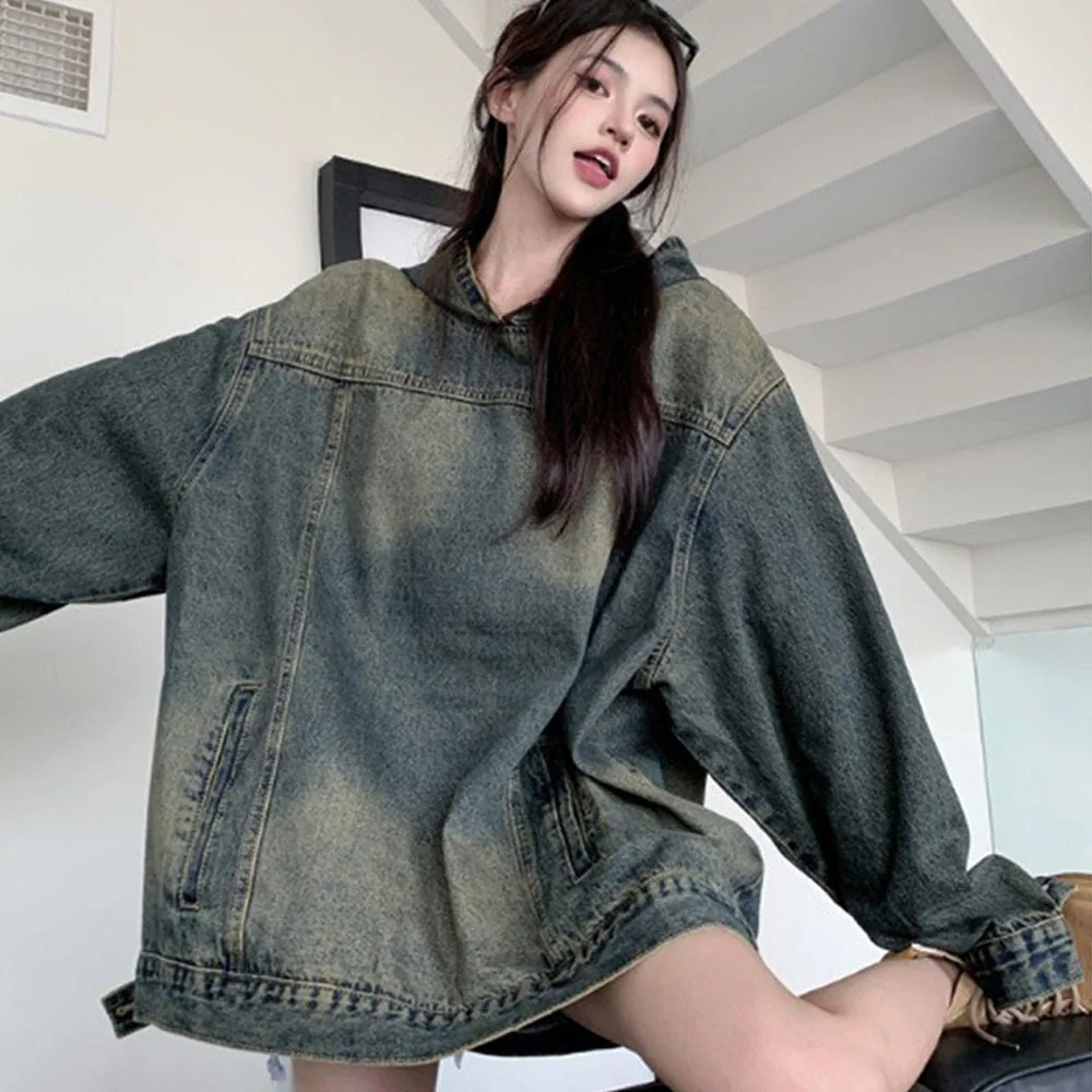 Women Sweatshirt Vintage Washed Denim Pullovers Mid-length Loose Long Sleeve Hoodeds Jacket Casual Oversized Hoodie Sweatshirts