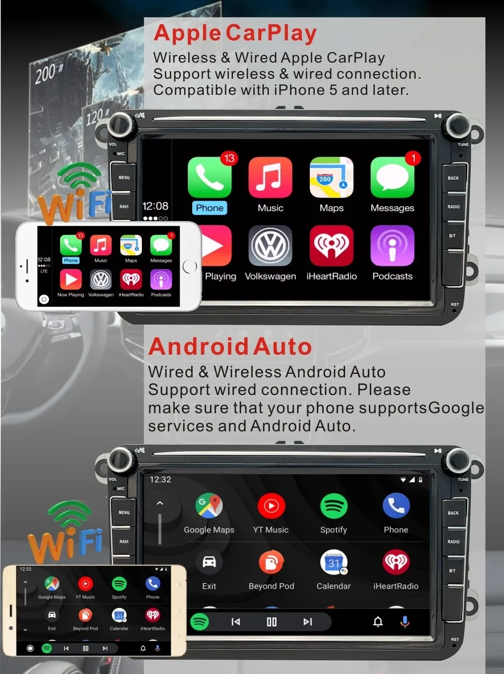 KASTNAVIN 8インチカーステレオCarPlay Android Auto対応 VW Golf 4 Golf 5 Pasat B6 B7 Polo Touran用 ビデオ GPS ラジオ WIFI BT搭載