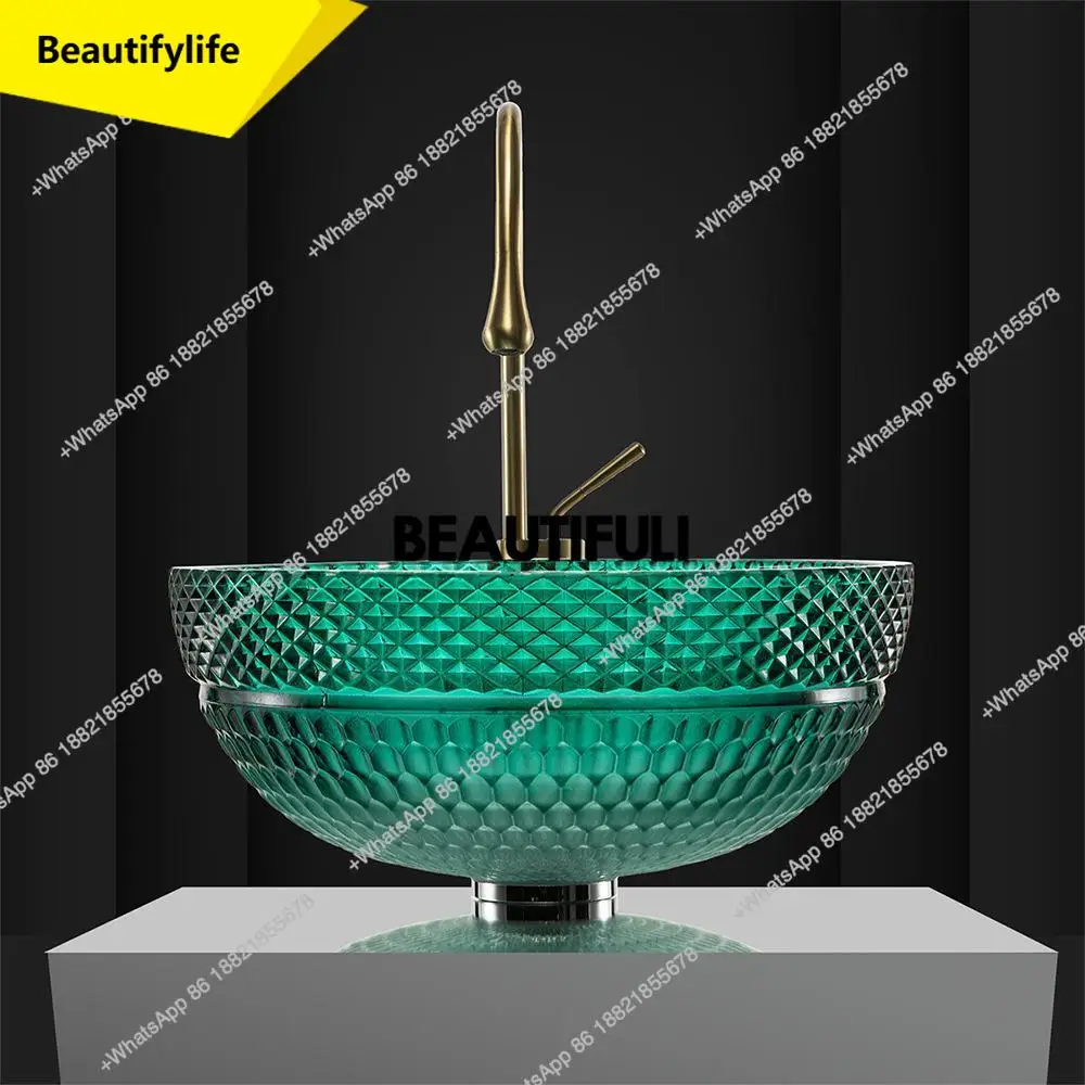 

a13 Стеклянная раковина в скандинавском стиле, легкая роскошная круглая раковина на столешнице, креативная раковина с рисунком в виде сотовой сетки