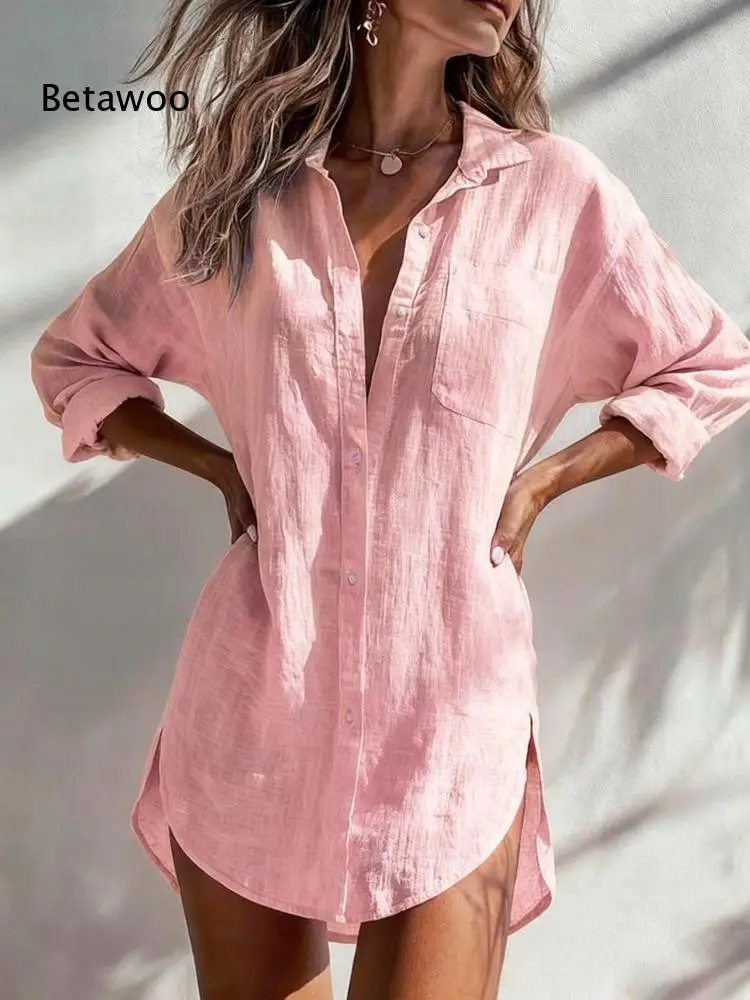 Beige Linen Textured Collared Shirt Dress Ladies Rollable Long Sleeve Chest Pocket Uneven Curved Hem Loose Cover Up Top