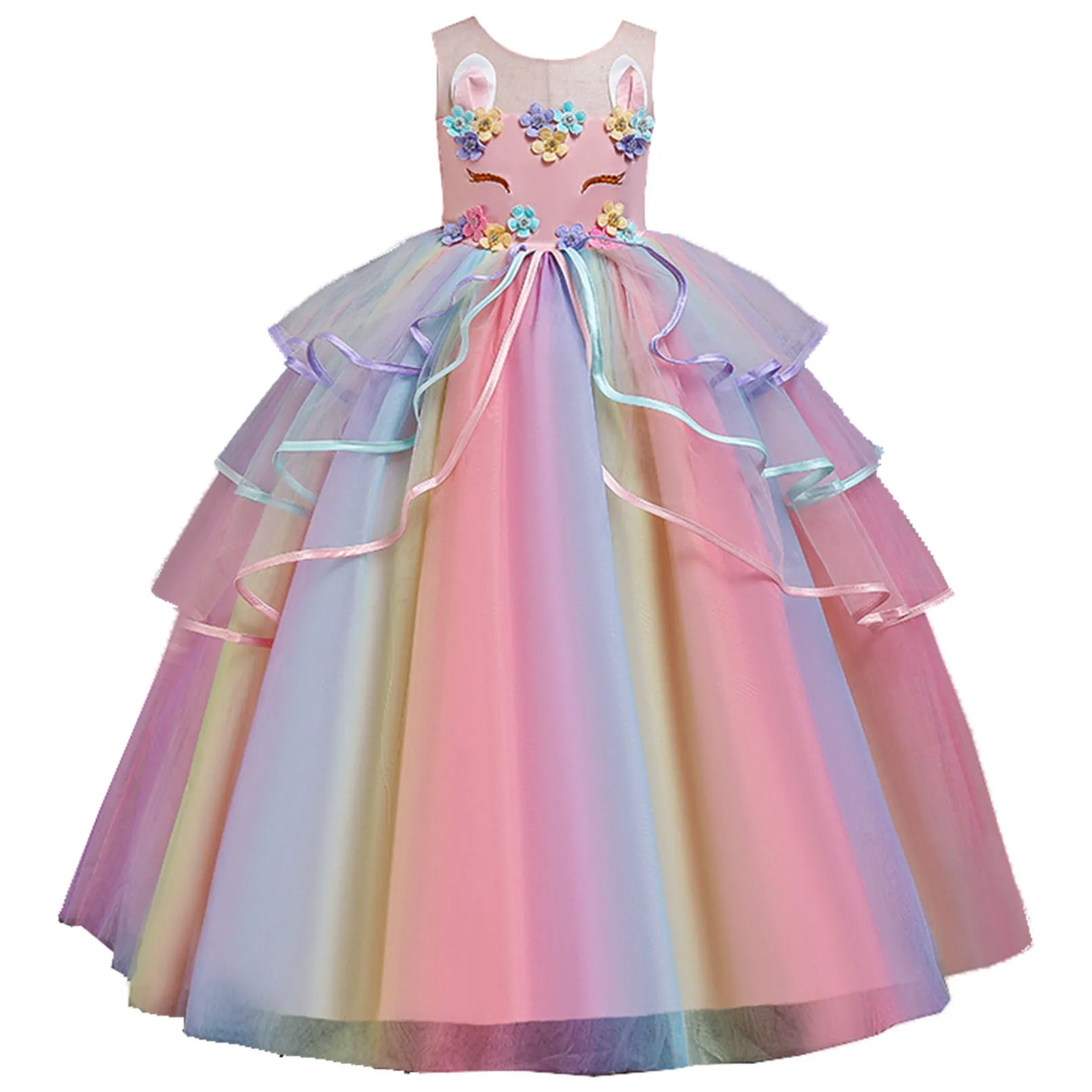 Elizabeth Fashion Little Big Girls Unicorn Flower Girl Birthday Party Formal Dress Long Pageant Dress AC1080